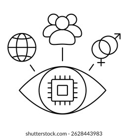 Percepção Imparcial. Olhos e símbolos diversos que retratam a equidade e a imparcialidade na tomada de decisões em matéria de IA