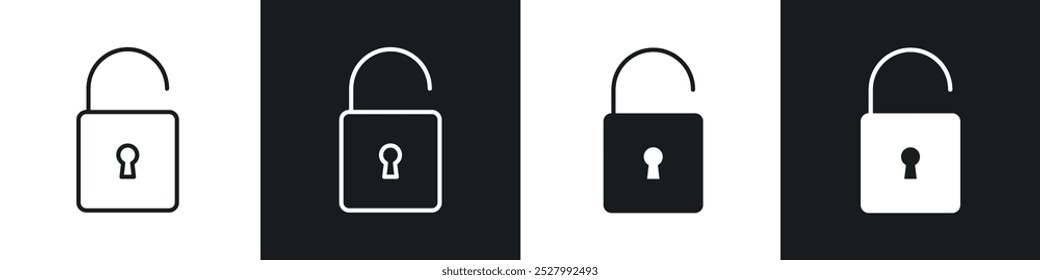 Conjunto de iconos de Vector de iconos desbloqueados con estilo relleno y delineado en negro.