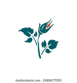 Unblown rose bud with leaves. Flower Stencil. Vector illustration