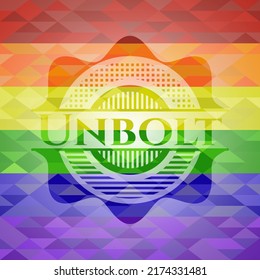 Unbolt emblem on mosaic background with the colors of the LGBT flag. 