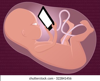 Unborn baby attached with an umbilical cord to a tablet computer, EPS 8 vector illustration, no transparencies, no mesh