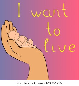 Unborn baby in human hand. Hand drawing vector illustration