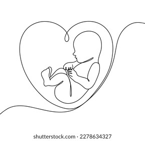 An unborn baby inside the uterus in the form of a heart. Baby surrounded by love. Pregnancy. One line drawing for different uses. Vector illustration