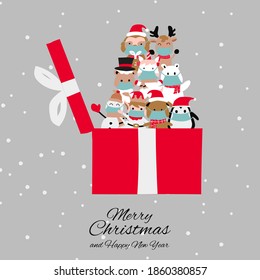 unbox the Christmas present contains animals that wear masks and sign of  Christmas,vector illustration