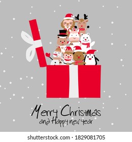 unbox the Christmas present that contains animals and sign of Xmas with Christmas invitation card design,vector illustration