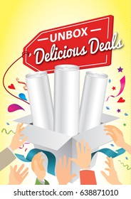 Unbox the Delicious Deals. People desperate to grab the attractive deals.