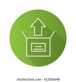 Unboxing flat linear long shadow icon. Box unpacking. Vector line symbol
