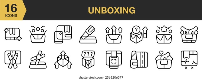 Unboxing icon set. Includes Open, Box, Packaging, Unpacking, Unboxing, and More. Outline icons vector collection.