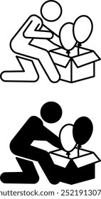 Unboxing Icons. Black and White Vector Icons. Man Opening Gift Box with Balloons. Holiday and Shopping Concept