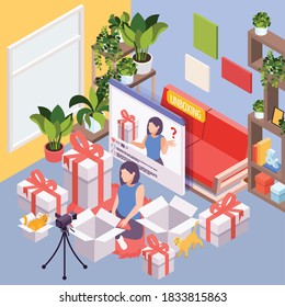 Unboxing isometric background with young woman sitting among her purchases and making internet content for vlog vector illustration