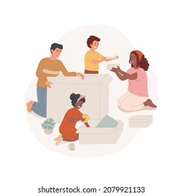 Unboxing items isolated cartoon vector illustration. Family moving to a new house, kids help to unbox household items, happy parents open box, home renovation, unpacking cartoon vector.