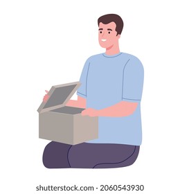 unboxing, man sitting opening box