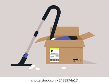 Unboxing a New Vacuum Cleaner in a Cozy Home Setting, An appliance partially unpacked from its cardboard box, ready for use