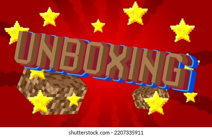 Unboxing. Pixelated word with geometric graphic background. Vector cartoon illustration.
