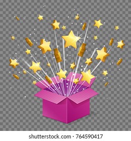 Unboxing present gift surprise box, star light beam lence flare explosion, shiny golden stars fly out of box. Bonus unlock prize winner illustration.