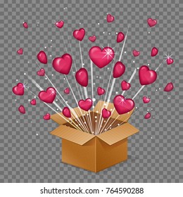 Unboxing present gift surprise love box, heart light beam lence flare explosion, love glowing hearts fly out of box. Saint valentine holiday illustration.