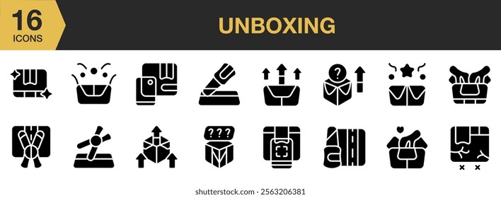 Unboxing solid icon set. Includes Open, Box, Packaging, Unpacking, Unboxing, and More. Solid icons vector collection.