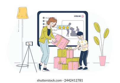 Unboxing with son simple. Mother with kid open cardboard boxes with parcels and goods. Home delivery and online shopping. Doodle flat vector illustration isolated on white background
