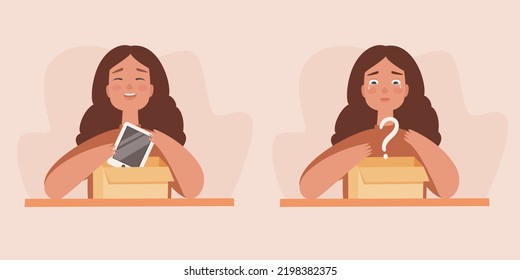 Unboxing Or Unpacking Concept. Happy Girl Unboxing A New Tablet Or Phone, And Sad Girl Crying Over Empty Box. Getting And Not Getting A New Tablet Or Phone. Vector Illustration.