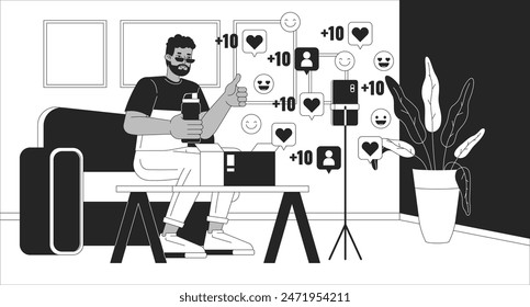 Unboxing video going viral black and white line illustration. African american vlogger unpacking water bottle 2D character monochrome background. Social media popularity outline scene vector image