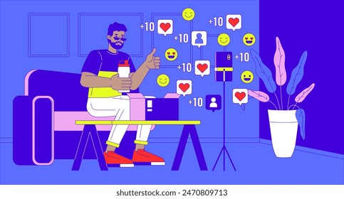 Unboxing video going viral cartoon flat illustration. African american vlogger unpacking water bottle 2D line character colorful background. Social media popularity scene vector storytelling image