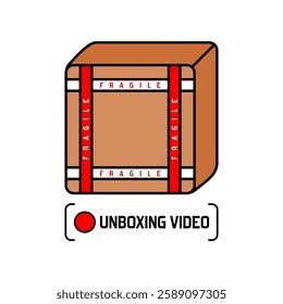 Unboxing Video Icon in lineal color style. A warning label for buyers, suitable for cardboard packaging. The unboxing process must be recorded for warranty claims.