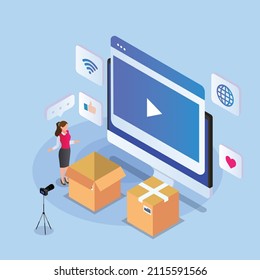 Unboxing video review isometric 3d vector concept for banner, website, illustration, landing page, flyer, etc.
