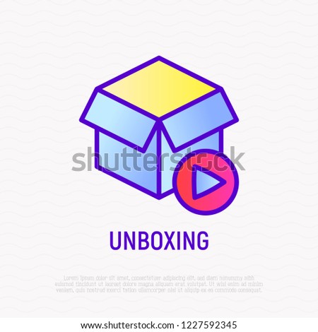 Unboxing video thin line icon: opened box with play button. Modern vector illustration.