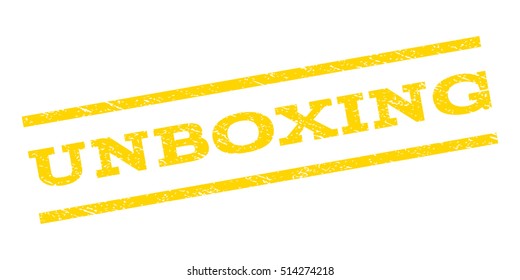 Unboxing watermark stamp. Text tag between parallel lines with grunge design style. Rubber seal stamp with unclean texture. Vector yellow color ink imprint on a white background.