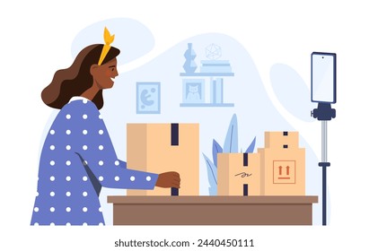 Unboxing woman concept. Blogger girl with cardboard package. Online shopping and electronic commerce, transportation and logistics of goods. Cartoon flat vector illustration