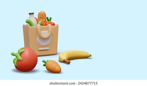 Unbranded shopping bag with food, 3D fruits, vegetables. Advertising banner