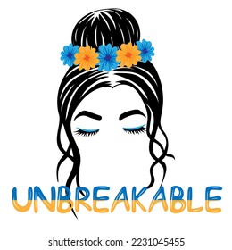 Unbreakable. Silhouette of a girl face with messy bun and wreath of yellow and blue flowers. Hand drawn vector illustration about Support Ukraine