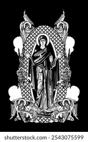 The Unbreakable Wall. Illustration with angels and seraphim in heaven black and white in Byzantine style