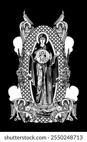 Unbreakable Wall. Illustration with angels and seraphim in heaven black and white in Byzantine style