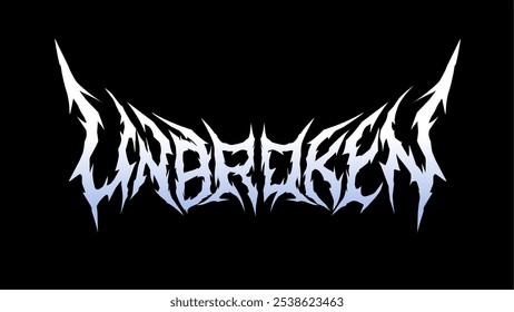 Unbroken text typography design vector in sharp and jagged metal inspired font. Icy blue and white gradient text stands out against the dark background, design for t-shirt print apparel, poster