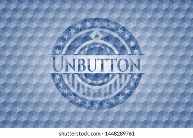 Unbutton blue badge with geometric pattern background. Vector Illustration. Detailed.