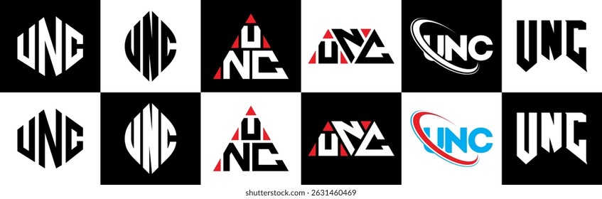 UNC letter logo design in six style. UNC polygon, circle, triangle, hexagon, flat and simple style with black and white color variation letter logo set in one artboard. UNC minimalist and classic logo