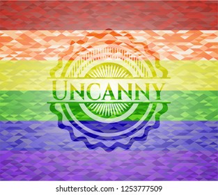 Uncanny emblem on mosaic background with the colors of the LGBT flag