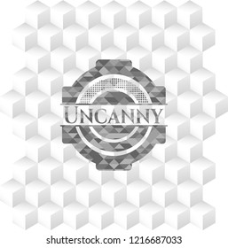 Uncanny grey badge with geometric cube white background