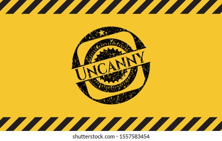Uncanny grunge black emblem with yellow background, warning sign. Vector Illustration. Detailed.