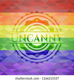 Uncanny on mosaic background with the colors of the LGBT flag