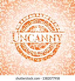 Uncanny orange tile background illustration. Square geometric mosaic seamless pattern with emblem inside.