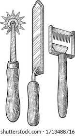 Uncapping knife and spur embedder illustration, drawing, engraving, ink, line art, vector