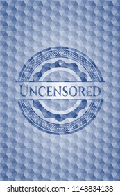 Uncensored blue badge with geometric pattern background.