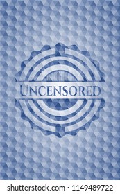 Uncensored blue badge with geometric pattern.