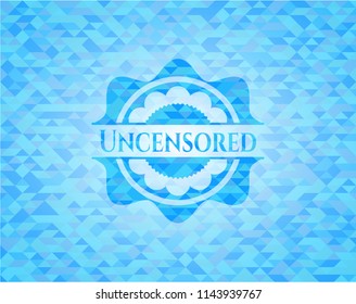 Uncensored realistic light blue emblem. Mosaic background