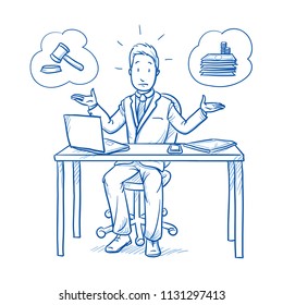 Uncertain business man, employee at his desk with laptop, trying to decide weather beeing lawful or selfish.  Hand drawn line art cartoon vector illustration