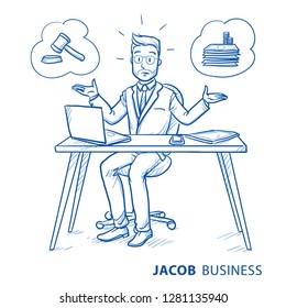 Uncertain Business Man, Employee At His Desk With Laptop, Trying To Decide Whether Beeing Lawful Or Selfish.  Hand Drawn Blue Line Art Cartoon Vector Illustration