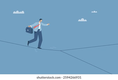 Uncertain business risk, Business direction choice in crisis, Risk management challenge, Businessman in suit holding briefcase walking on tightrope with dividing line. Flat vector illustration.