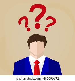 uncertain businessman in suit. sign. Question mark, Question words vector concept